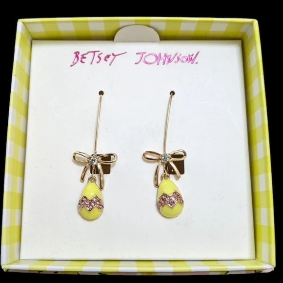 BETSEY JOHNSON Easter Gold-Tone Long Yellow Easter Eggs Drop Earrings in Box NWT - Picture 1 of 3
